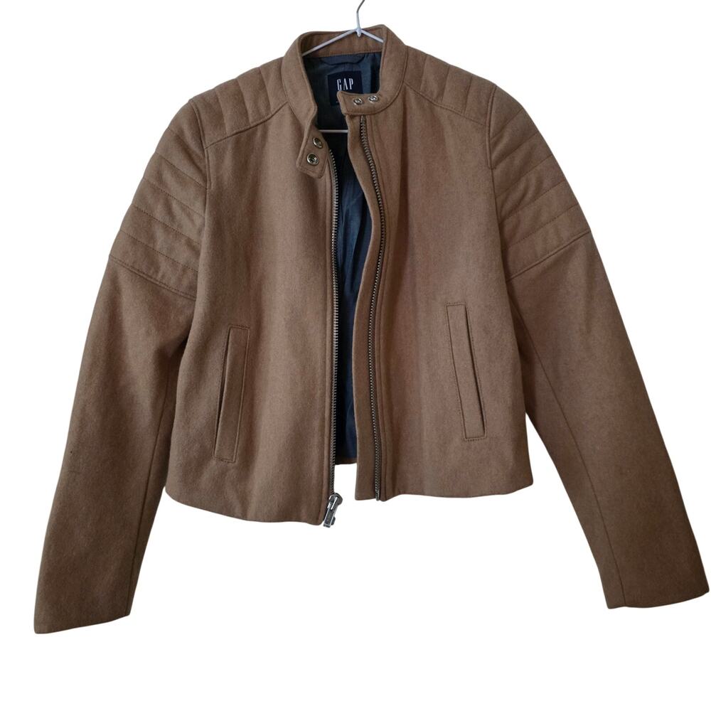 Gap Tan Camel Wool-blend Cropped Moto Jacket Size Small